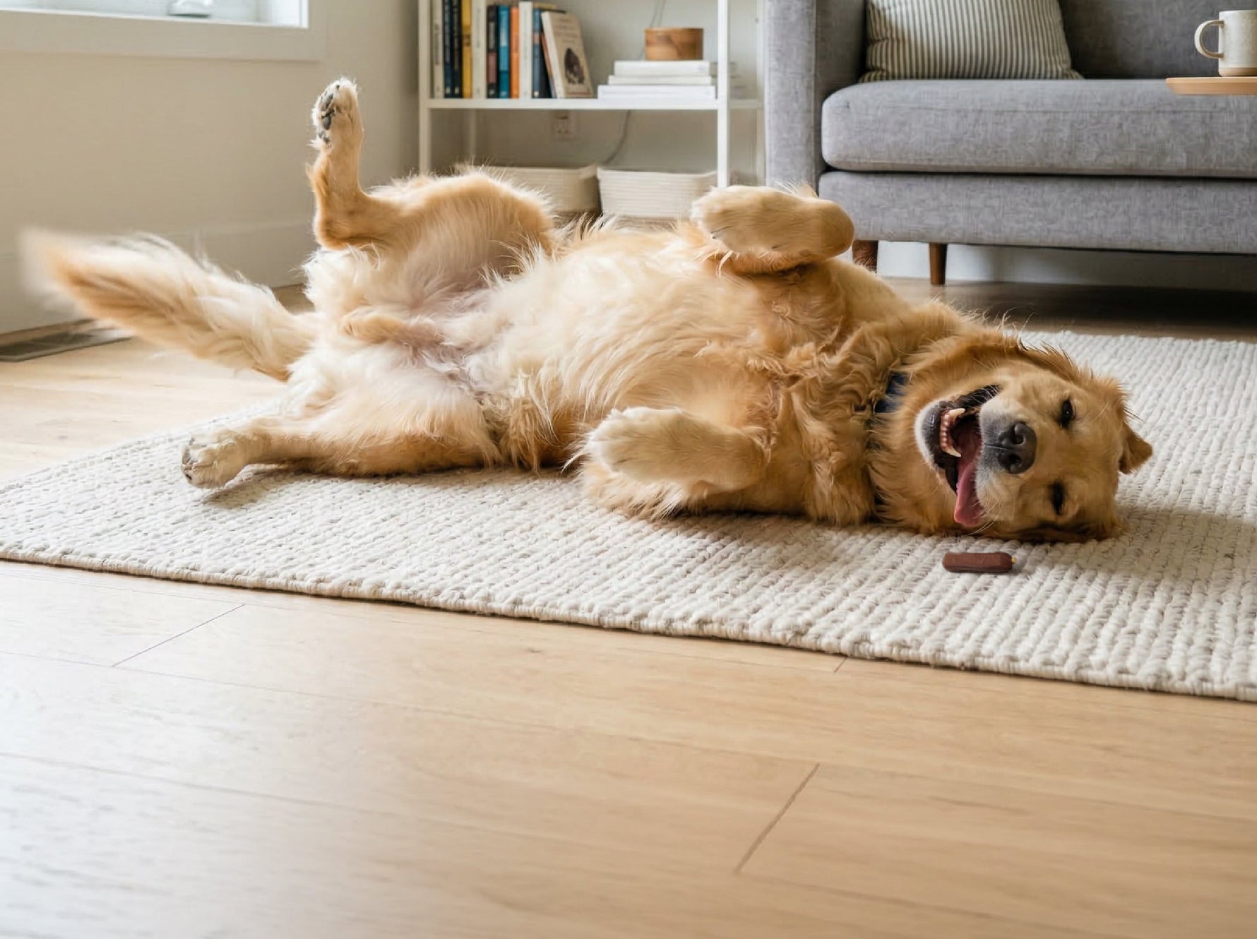 Szczęśliwy Golden Retriver obok przysmaku: Kiełbaska z kaczki