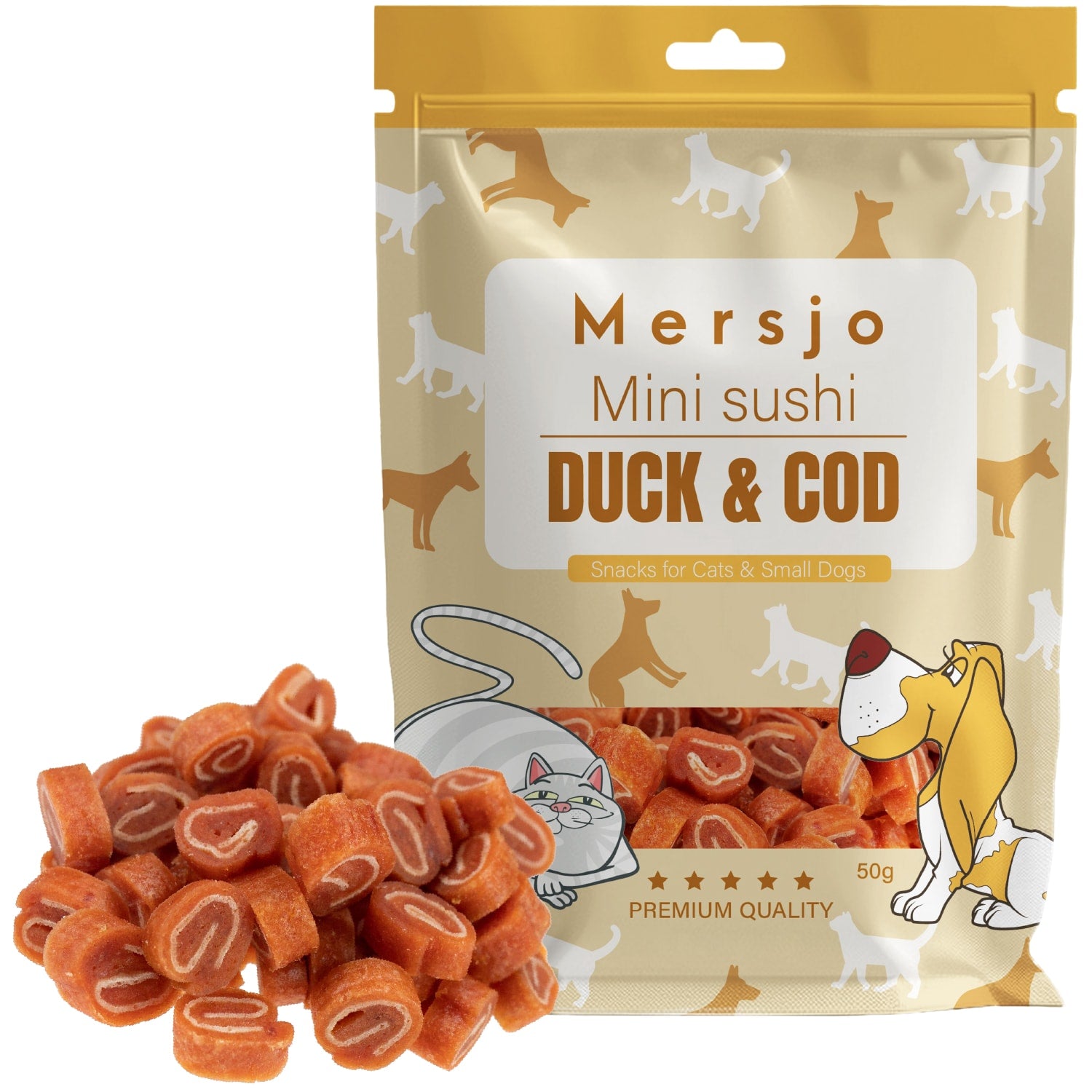 Snack für Hund und Katze - Mini-Sushi mit Ente und Kabeljau 50g