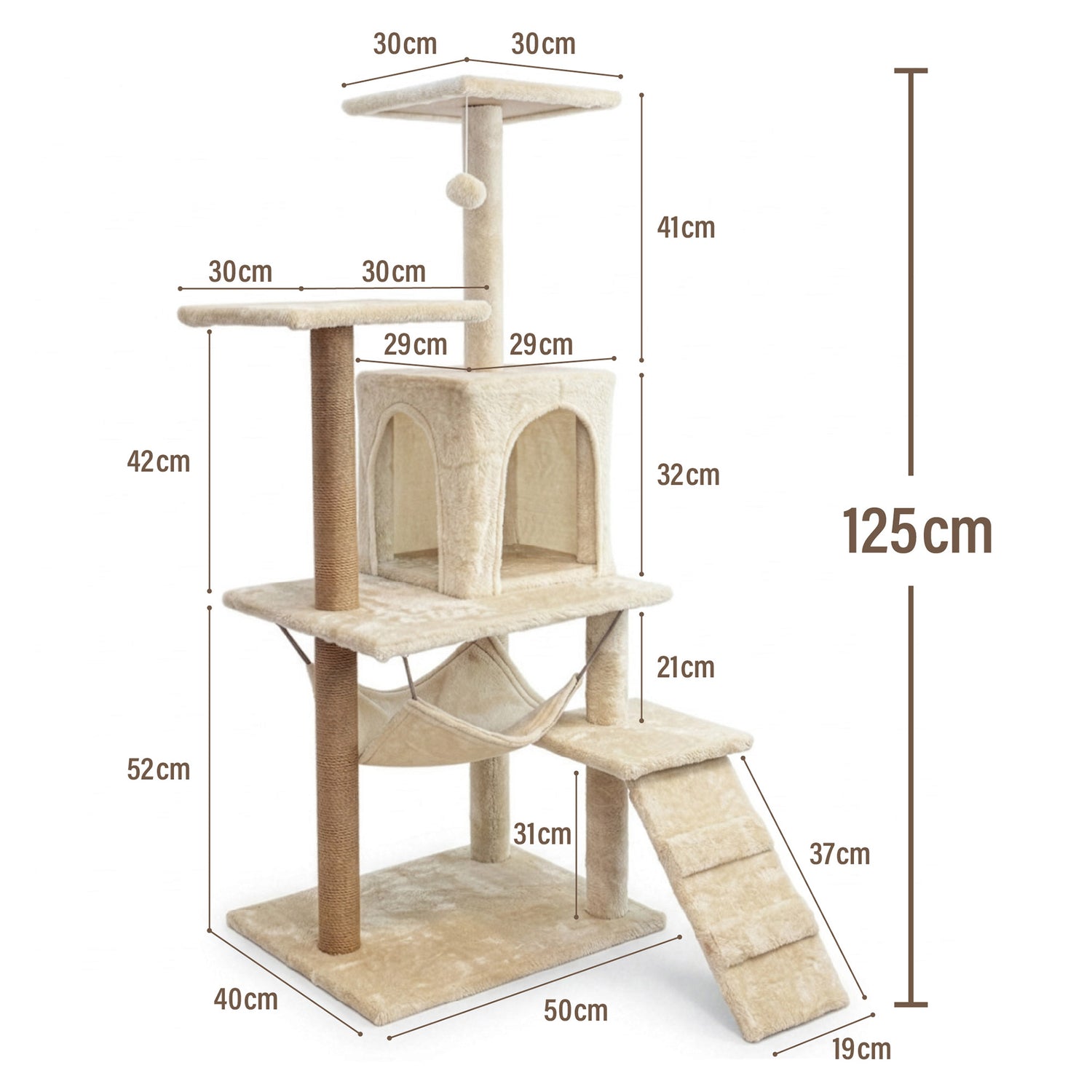 Drapak dla kota, domek z zabawką, wysoki, 6 poziomów, legowisko, Comfort Line beżowy