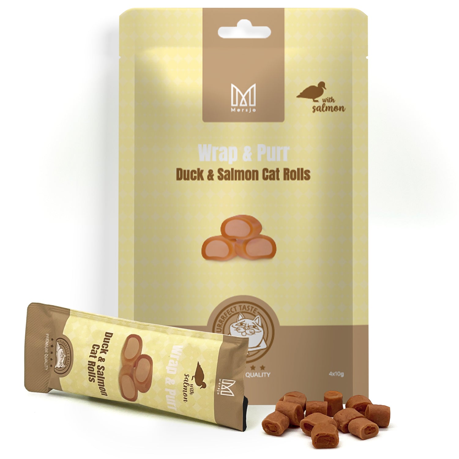 Przysmak dla kota - Wrap & Purr: Duck & Salmon Mersjo 40g (4x10g)