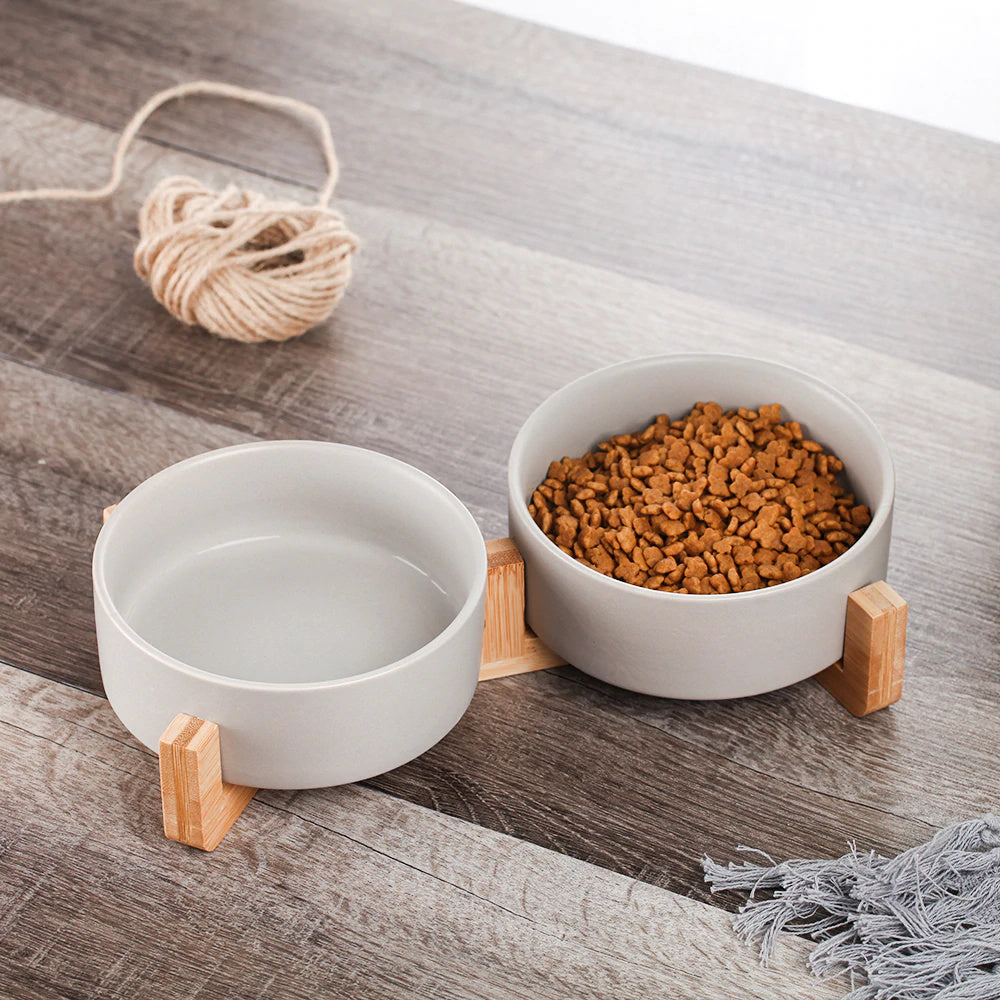 Miska ceramiczna podwójna drewniana Gerda szara 2x400 ml